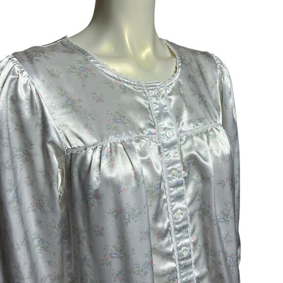 Vintage Satin Floral Nightgown, White with Pastel Flowers, Size Small - Picture 5 of 12